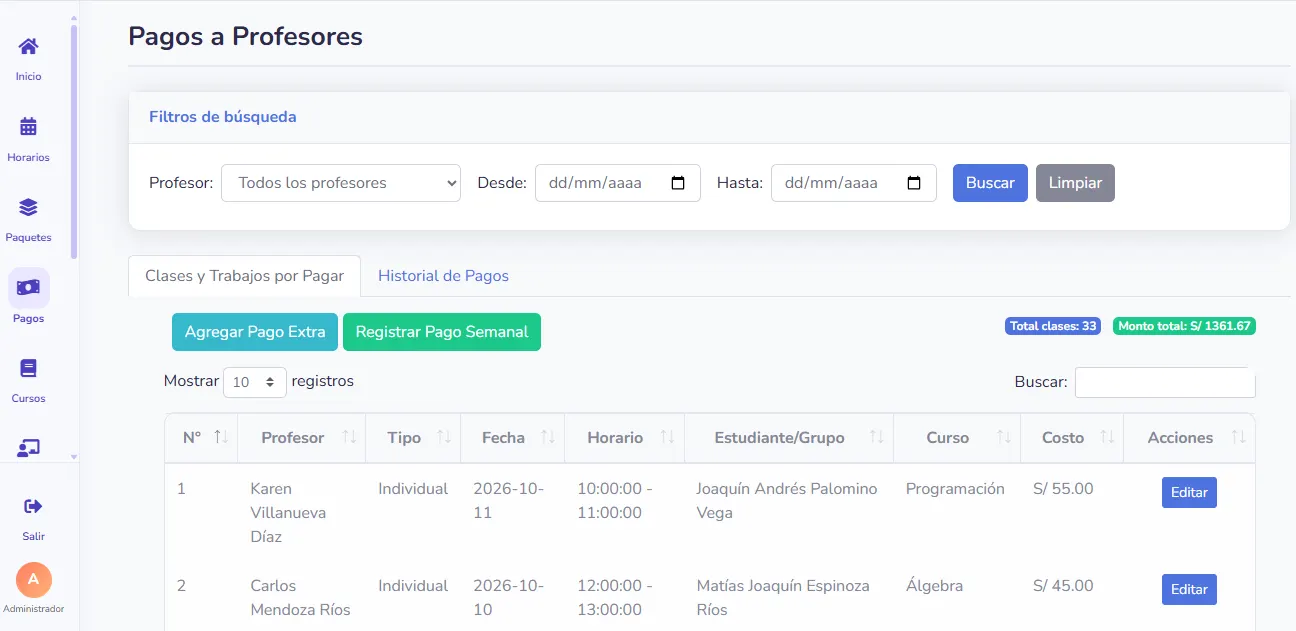 Liquidación de pagos a profesores