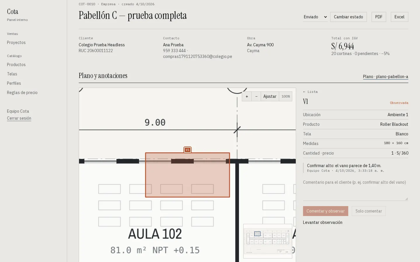 Panel interno con el plano del proyecto