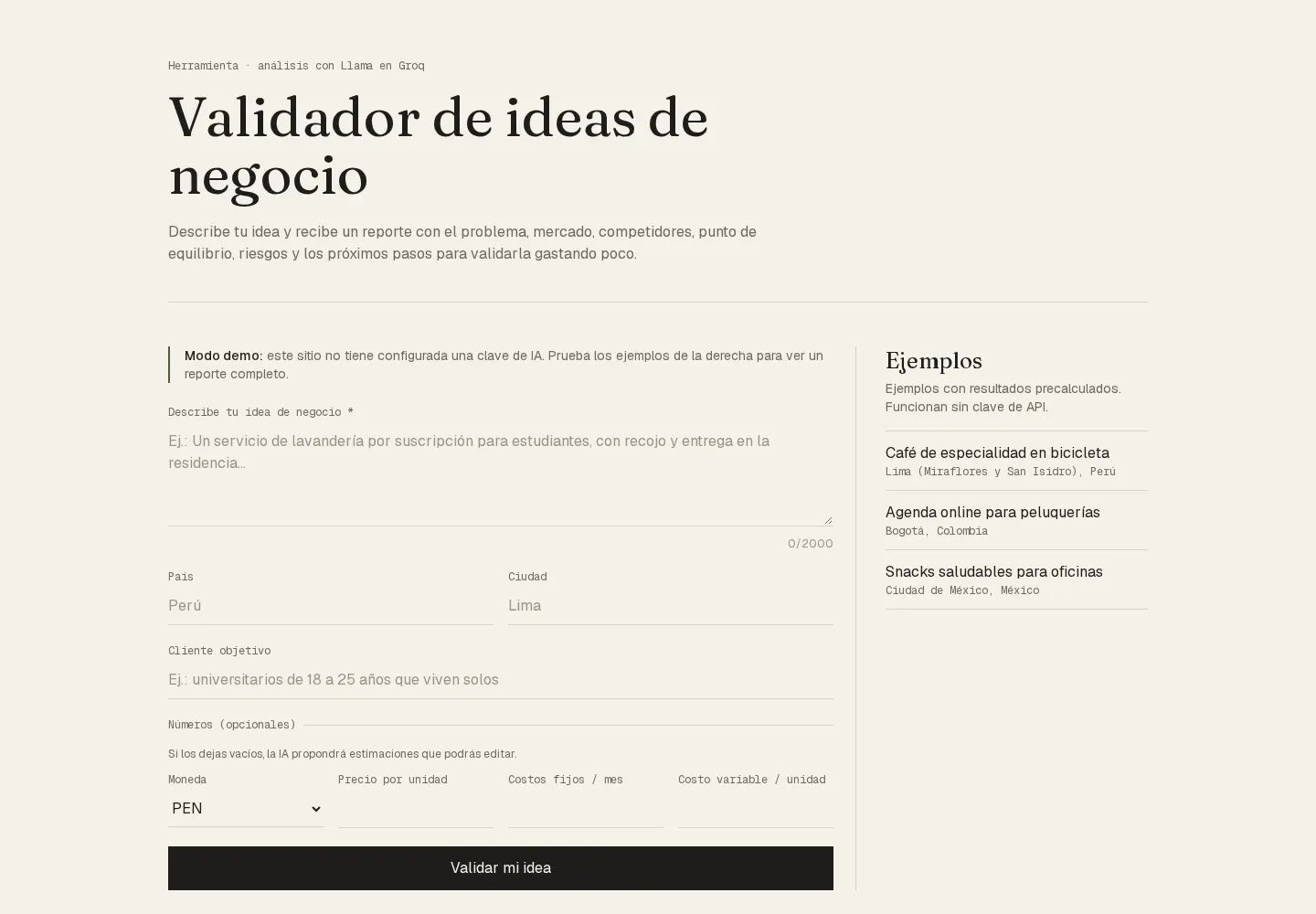 Formulario del validador